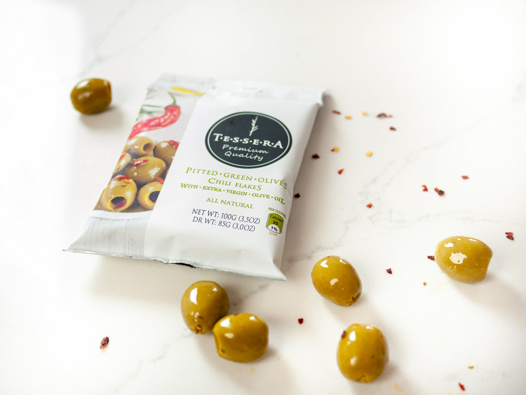 Snack Green Pitted Olives with Chili - 3.5 oz (100g)